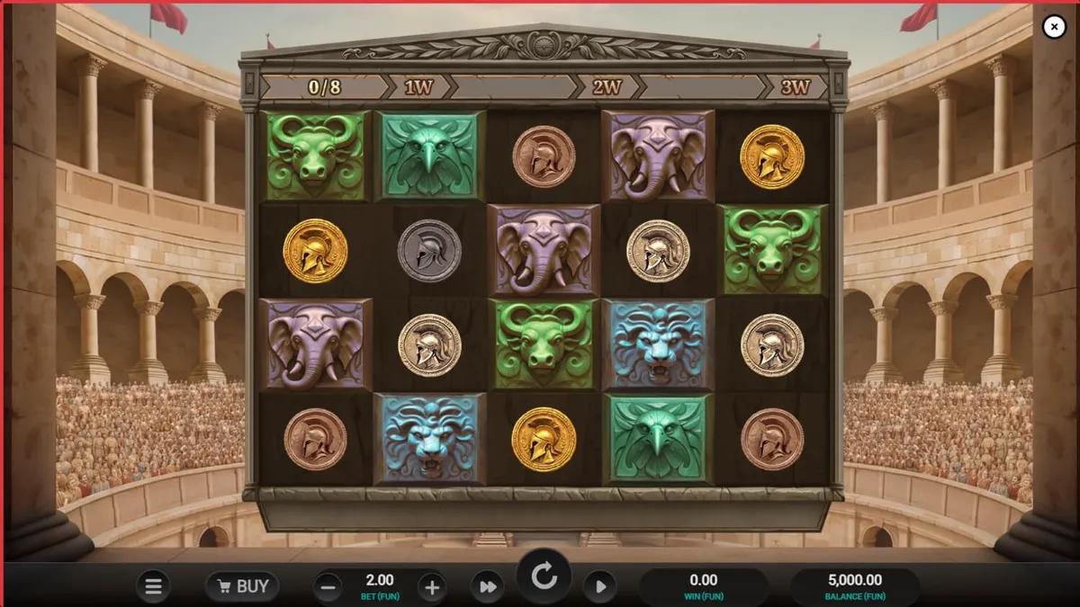 Interface do jogo de slot Arena of Fortune com tema de gladiadores