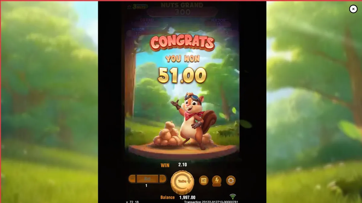 Interface do jogo 3 Fortune Nuts com tema de floresta e esquilos